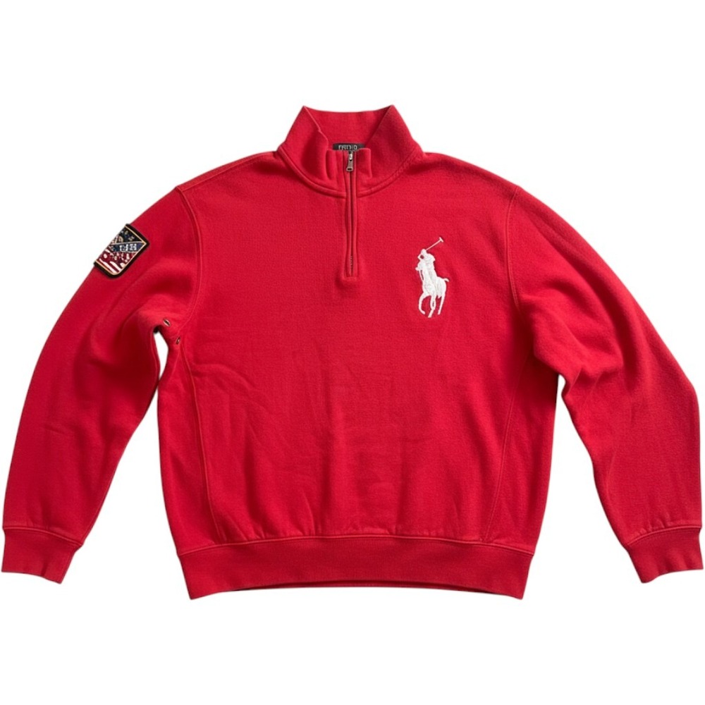 Polo Ralph Lauren 1/4 Zip Pullover Vintage Mens Large Red Big Pony Ski Patch